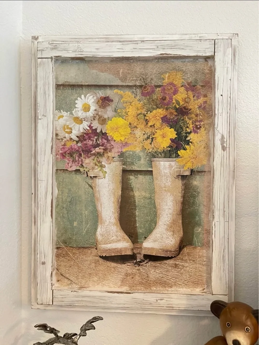 Rustic Floral Rain Boot Wall Art - Yellow & White